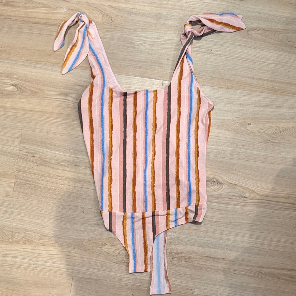 BCBGeneration Pink Multi-Striped Tie-Shoulder Bodysuit